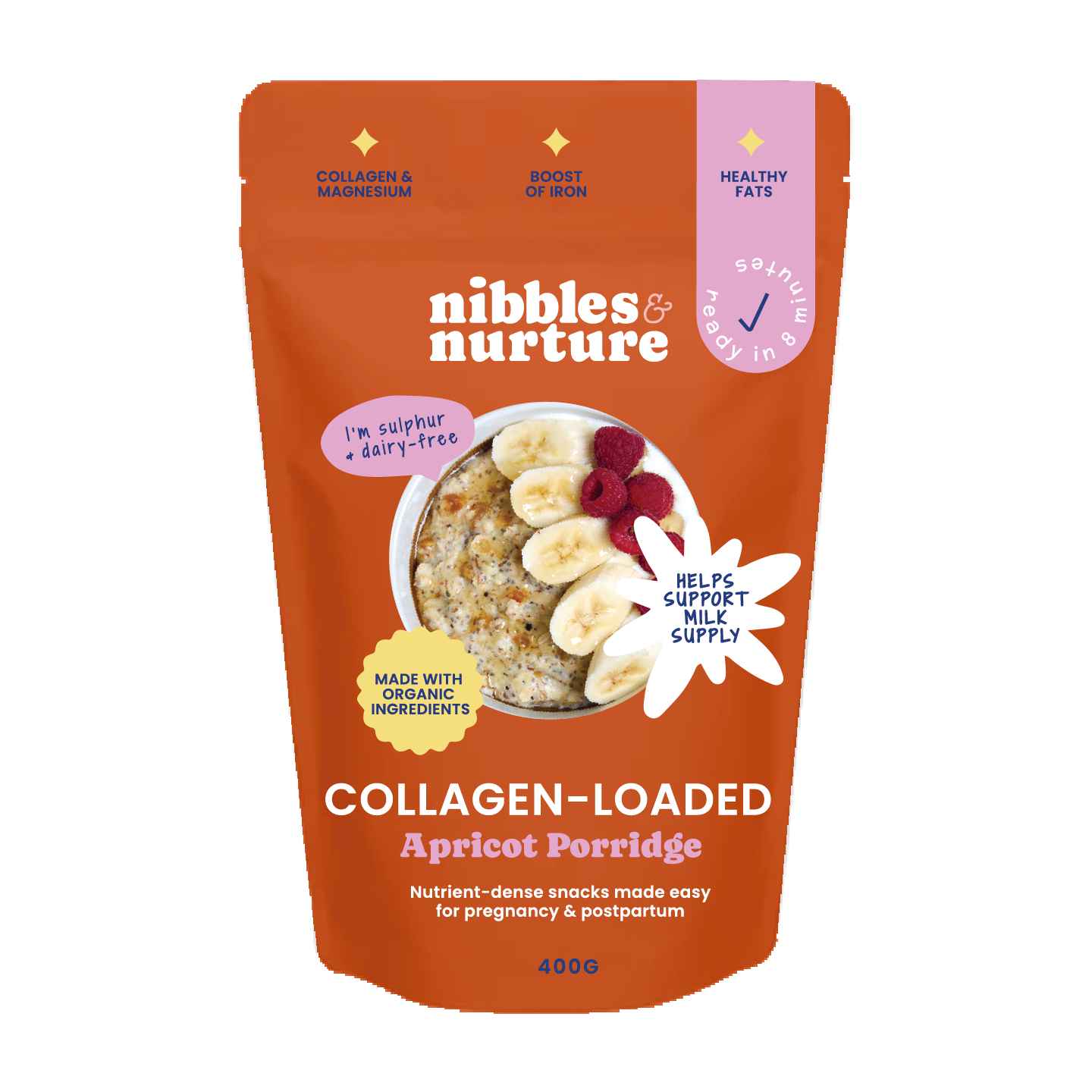 Collagen-loaded apricot porridge mix for easy postpartum breakfasts