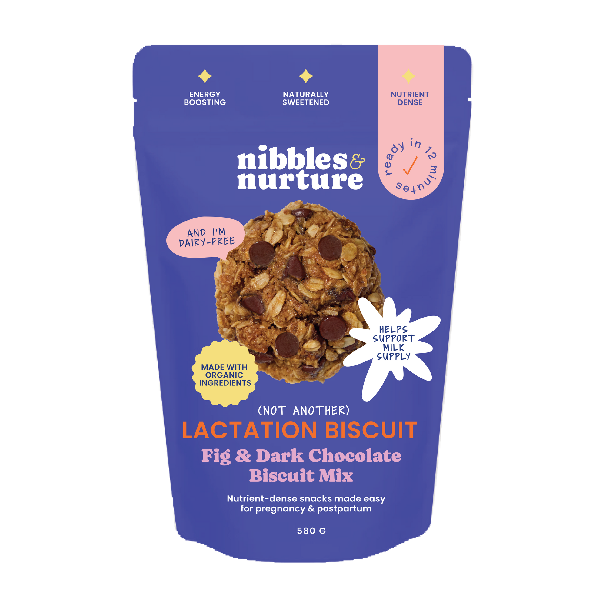 Fig and dark chocolate breastfeeding biscuits in a bake-at-home mix, made to support milk supply and nourish new mums – Nibbles & Nurture product pouch.
