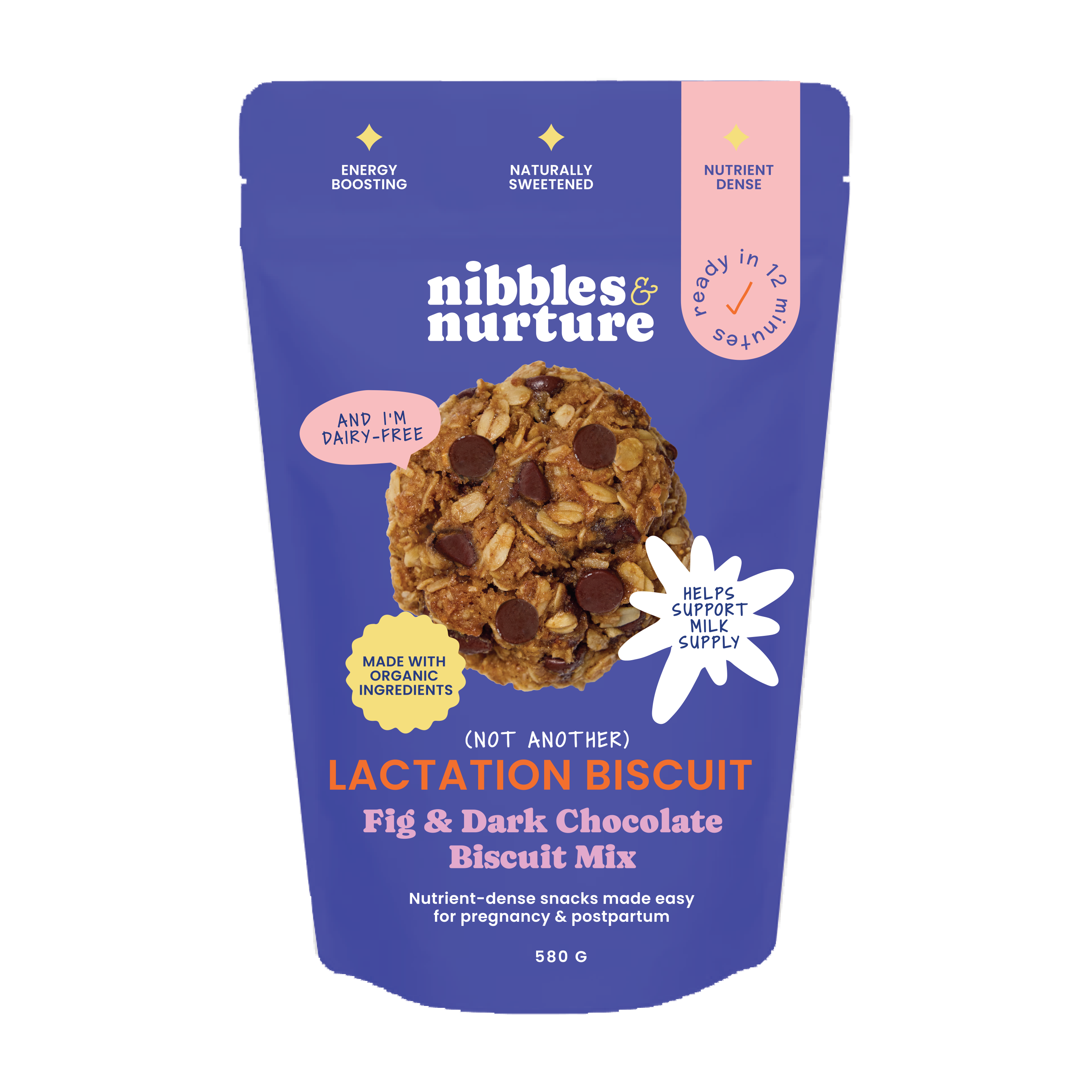 Fig and dark chocolate breastfeeding biscuits in a bake-at-home mix, made to support milk supply and nourish new mums – Nibbles & Nurture product pouch.