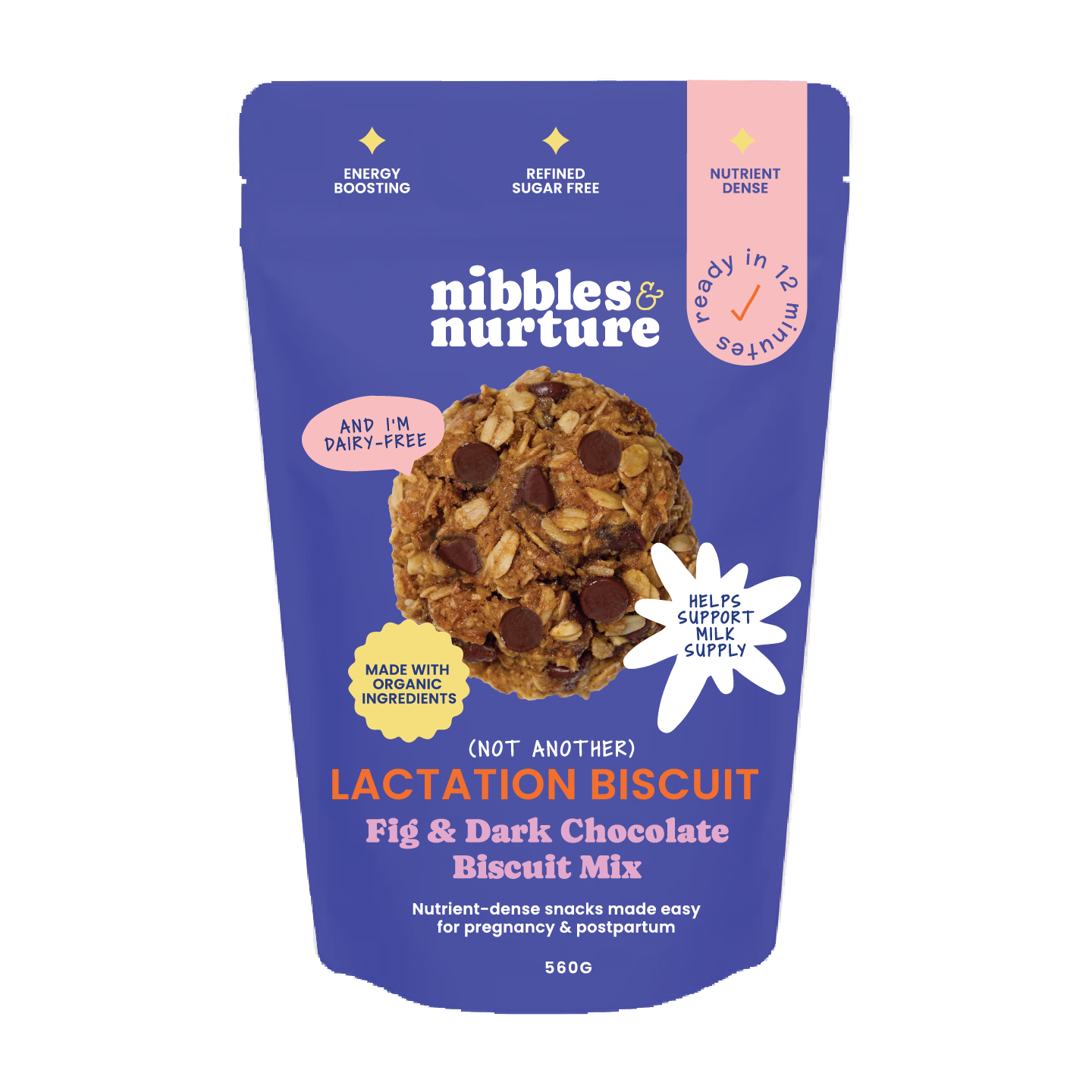 Fig and dark chocolate breastfeeding biscuits in a bake-at-home mix, made to support milk supply and nourish new mums – Nibbles & Nurture product pouch.