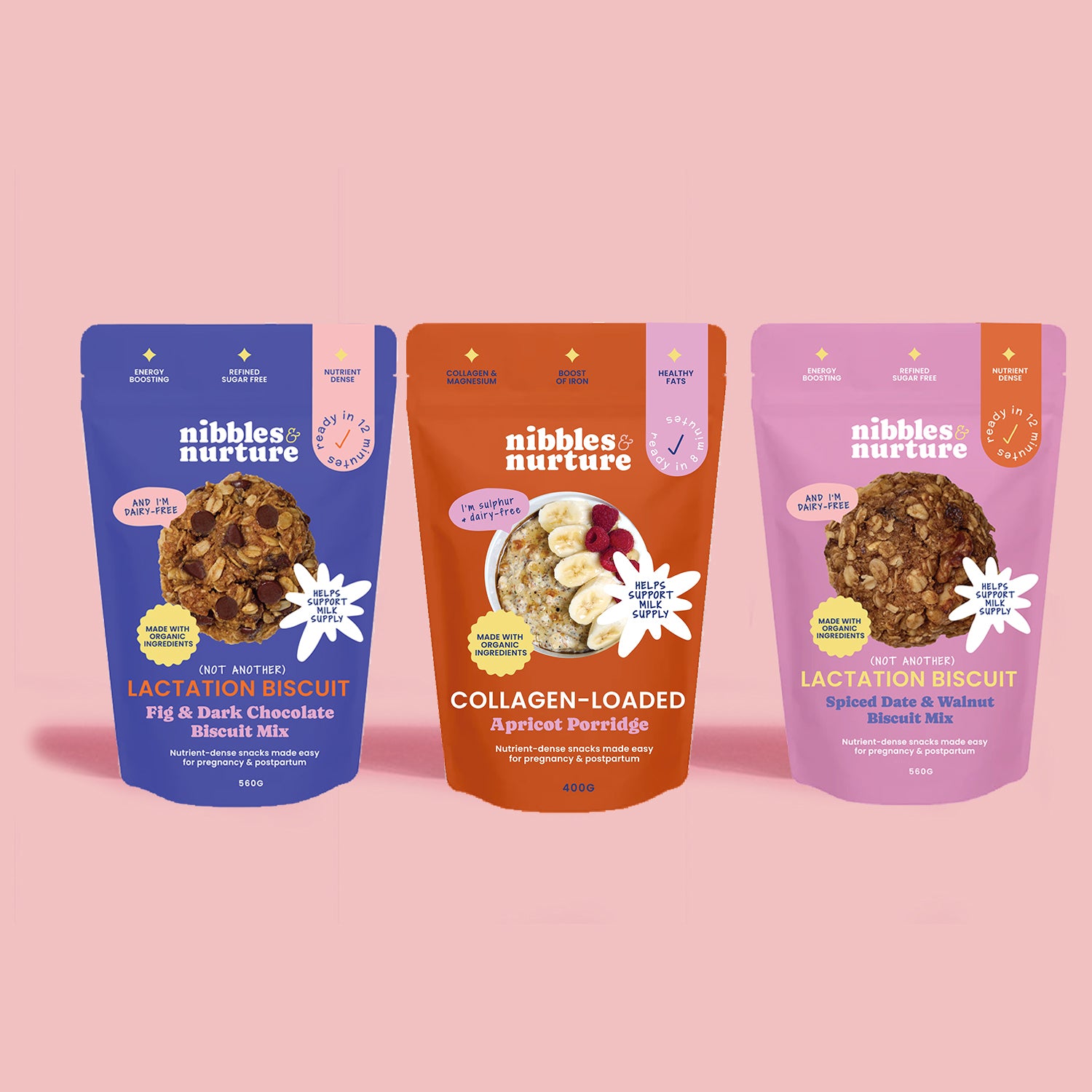 Three Nibbles & Nurture snack pouches featuring lactation biscuit mixes and a collagen-loaded porridge. Thoughtful postpartum gifts made with nutrient-dense wholefoods for new mums.